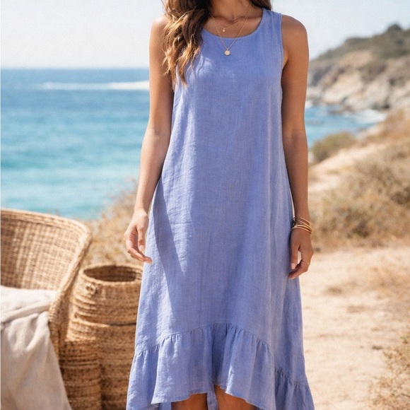 francesco bettini Dresses & Skirts - Linen Midi Dress Periwinkle Blue Sleeveless Ruffle Hem Italy S NWT